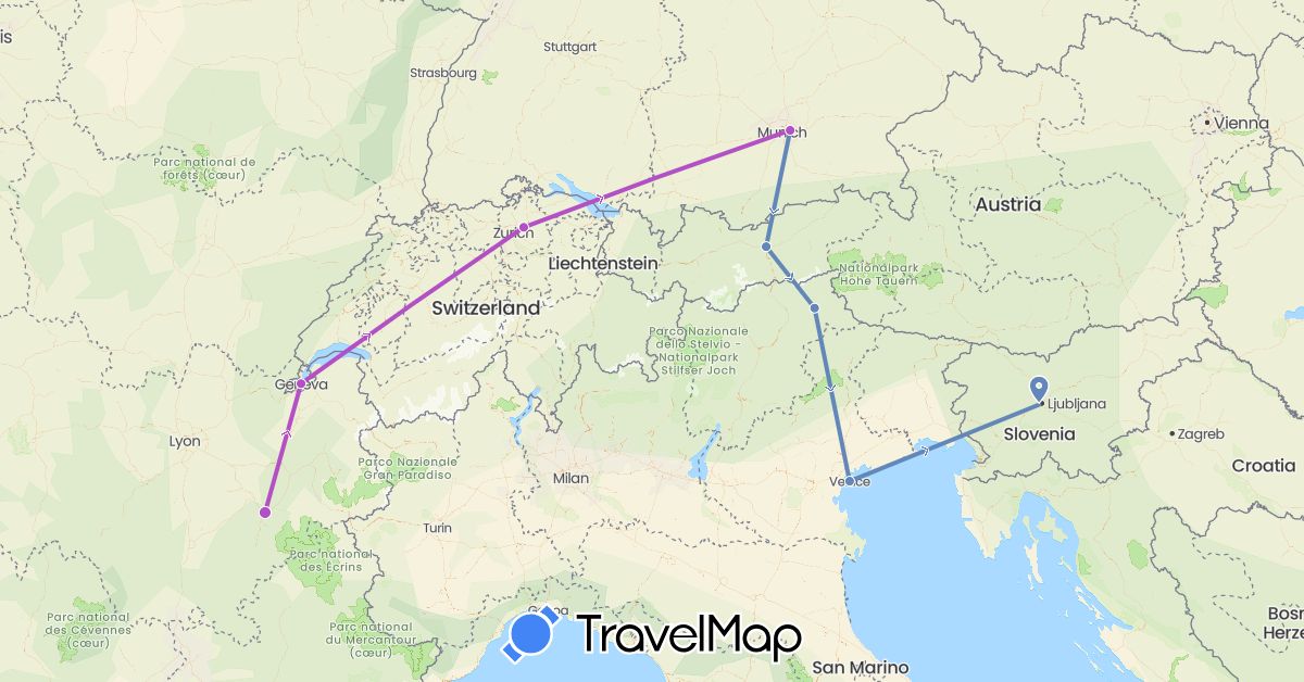 TravelMap itinerary: cycling, train in Austria, Switzerland, Germany, France, Italy, Slovenia (Europe)
